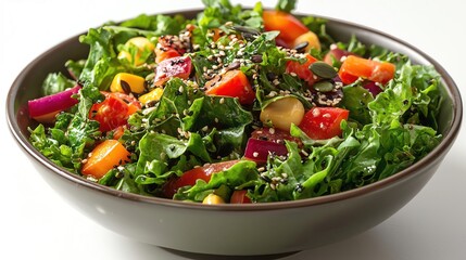 Fresh and vibrant salad featuring a mix of greens, colorful vegetables, and nutritious toppings in a stylish bowl.