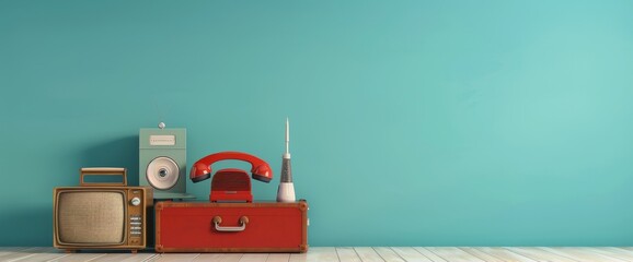 Vintage Suitcase with Retro Toys &ndash; Old Radio, TV, Red Telephone on Turquoise Background, Nostalgic Theme, 