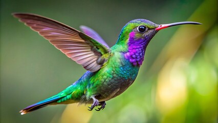 Fototapeta premium Iridescent green feathers glimmer on a Rivoli's hummingbird as it hovers in mid-air, its bright purple throat patch and long, extendable tongue on full display.