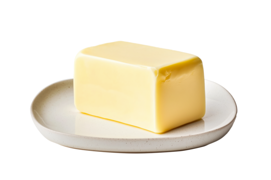 A block of fresh creamy butter on white plate isolated on white transparent background.