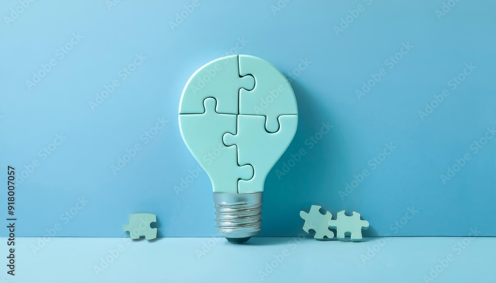 Poster a creative light bulb puzzle symbolizing innovative ideas and problem-solving on a blue background.