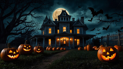 Spooky haunted house with glowing jack-o'-lanterns under a full moon on a dark, eerie Halloween night.