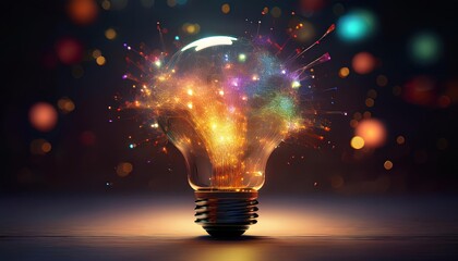 A vibrant light bulb emits colorful sparks, symbolizing innovation and creativity in a dynamic, artistic representation.