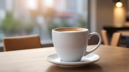 Fototapeta premium white coffee cup on wooden table with steam coming out, International coffee day, 1st october, leisure time, free time tea