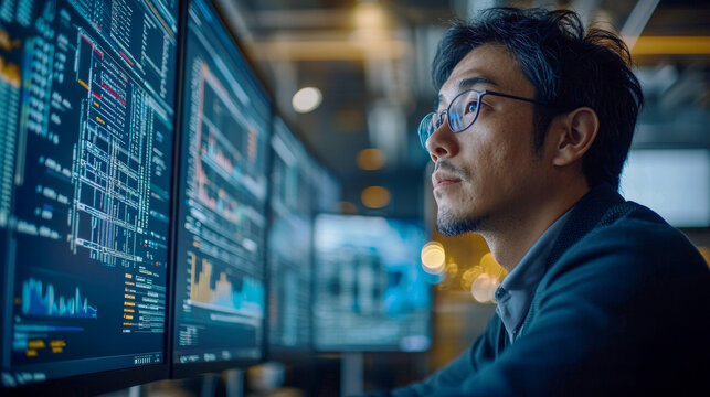 Analyst studying data, testing and improving forecasting technology dashboard, big data processing