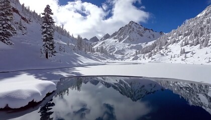 Obraz premium Serene Mountain Majesty: Pristine Lake Reflecting Snow-Capped Peaks in Winter Wonderland. Inviting Tranquil Escape and Outdoor Adventure Amidst Nature's Grandeur. Perfect for Travel, Holiday Getaways,