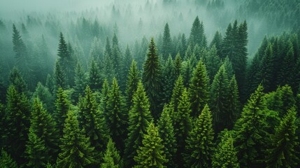 Fototapeta premium Lush green forest with mist covering treetops in the early morning light