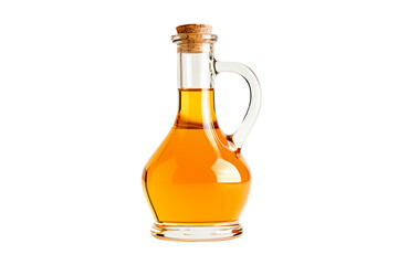 A glass bottle with a cork top holds golden olive oil or apple cider isolated on white transparent background, perfect for culinary uses