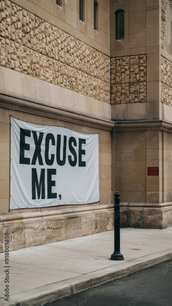 Poster A banner on a pole that says excuse me in front of a building, AI