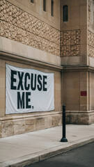 Naklejka premium A banner on a pole that says excuse me in front of a building, AI