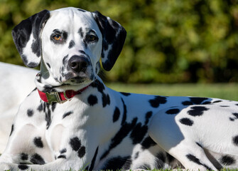 A black and white dog is laying on the grass