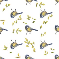 seamless pattern bird  watercolor style on a white backgroundin for textile, wallpapers or floral background