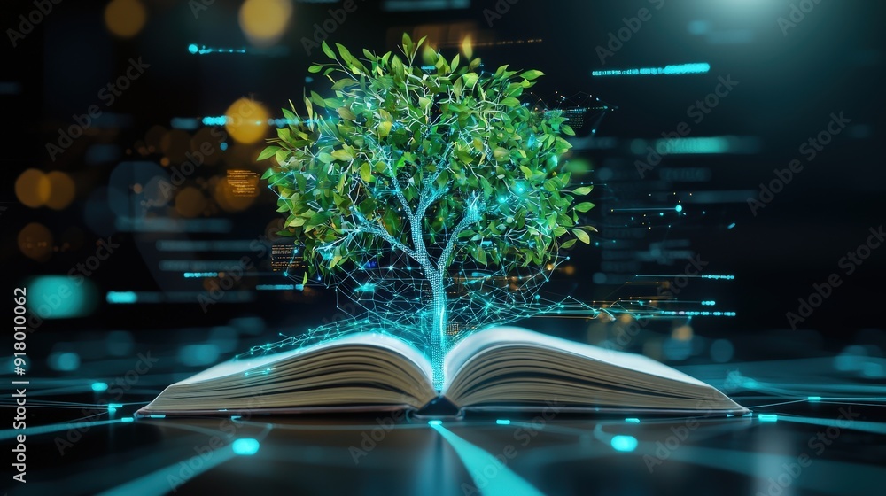 Aufkleber a digital tree with knowledge branches extending from a book