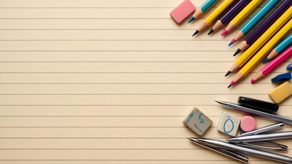 a bunch of pencils and markers on a table with a notepad and pen in the middle of the image.