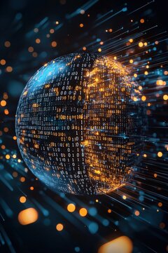 A globe with binary code flowing through it representing global access