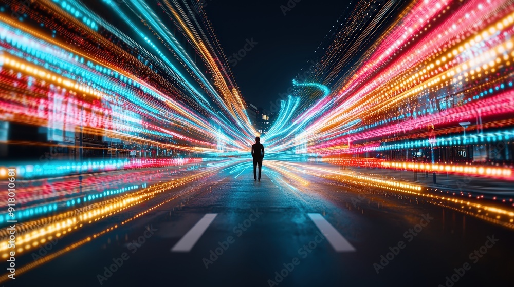 Poster a person positioned where many data streams converge