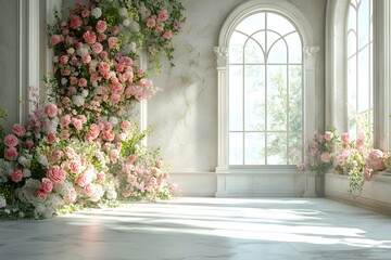 Fototapeta premium Background wedding luxurious white room with flowers and sunshine through the windown generate AI