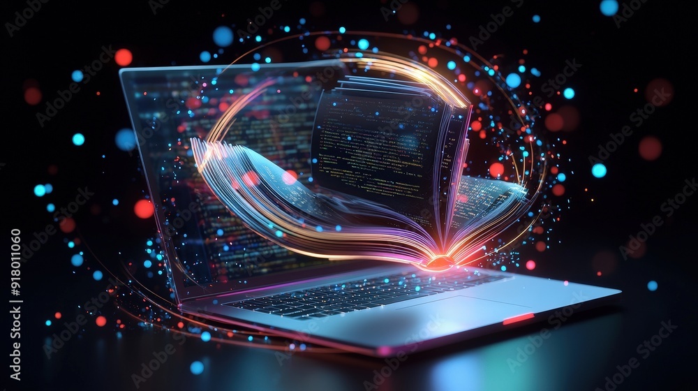 Poster an open laptop with holographic books and data surrounding it