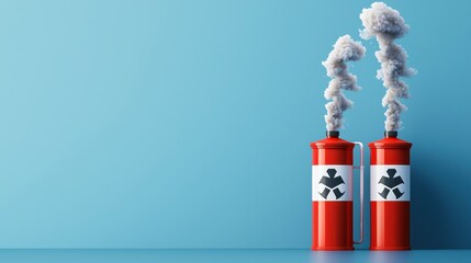 Obraz premium Industrial waste barrels emitting smoke against a blue background, symbolizing pollution and environmental concerns.