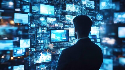 A man in a suit stands in front of a wall of screens, each displaying a different image or video. The screens are arranged in a grid pattern and are illuminated by a blue light.