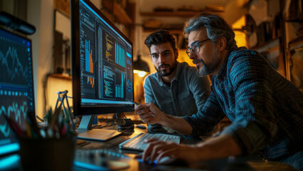 Obraz premium colleagues analyze and discuss the data received on the work of the programs, cooperation and mentoring in solving project problems
