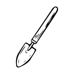 Garden tool scoop hand drawn in doodle style. Hobby gardening. Mini shovel. Loosening the earth. Vector line art illustration.