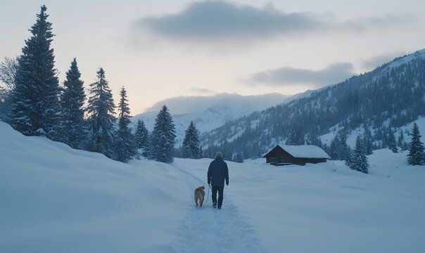 snowy mountains, an old man with a dog beside him, Generative AI
