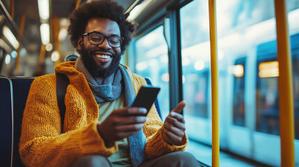 Handsome young African American man checking social media news feed using smartphone, riding public transport on sunny day