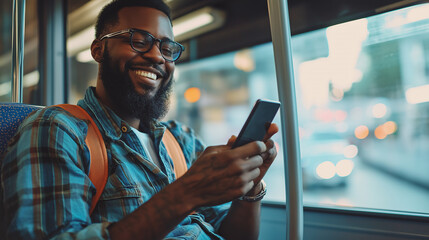 Handsome young African American man checking social media news feed using smartphone, riding public transport on sunny day