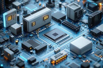 isometric tech repair scene arranged computer equipment blue and white color scheme floating connection lines 3d icon style