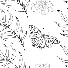 Vector seamless pattern with tropical palm leaves, butterfly, summer botanic. Isolated. Decorative beauty elegant illustration for design, compositions. Black silhouette for circuit