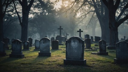 Background with faded gravestones and a light mist effect, using minimalistic design and a dark gradient to evoke a mysterious