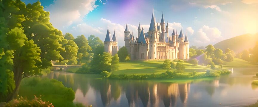 A grand castle in fairy tale fairyland, with towering spires and a majestic palace, surrounded by lush, green meadows