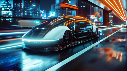 Fototapeta premium Futuristic Taxi Driving in City Street
