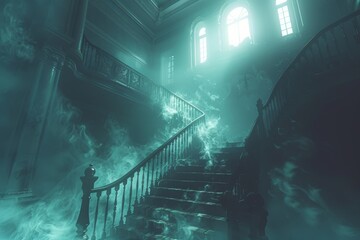 Mysterious Foggy Stairs in Abandoned Mansion With Eerie Light Streaming Through Windows
