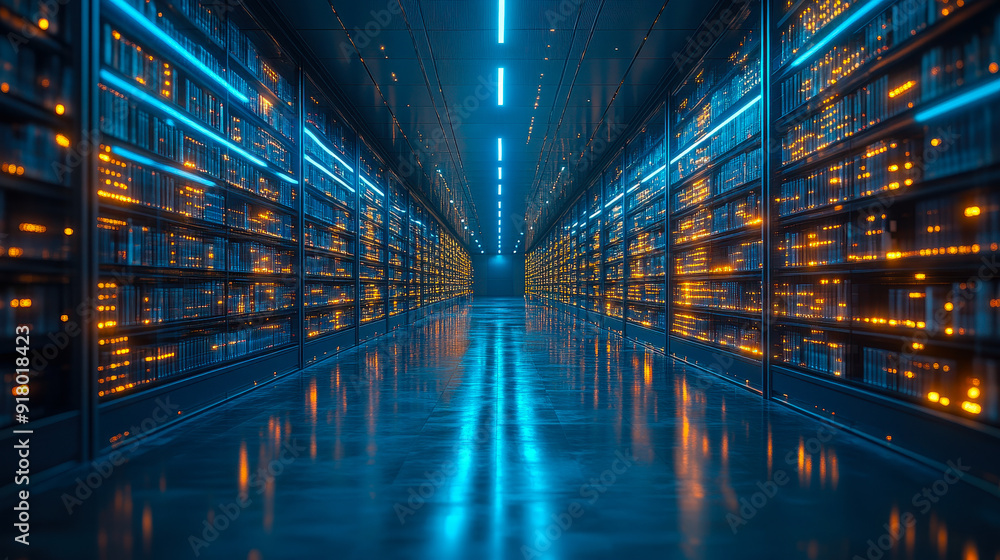 Poster high-tech modern office data center at night with seamless digital document management and efficient