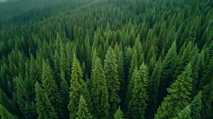 Expansive evergreen forest in misty mountains during early morning light