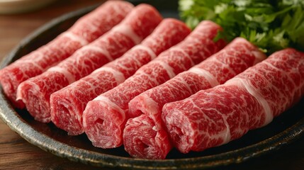 Delicious Thinly Sliced Beef Rolls on a Dish, Perfect for Food Presentation and Culinary Arts Generative AI