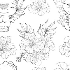 Vector seamless pattern with baby dino, palm leaves, tropical flowers. Clipart for baby shower, nursery, decor, stickers, prints with historical animals. Jurassic period. Black silhouette for circuit