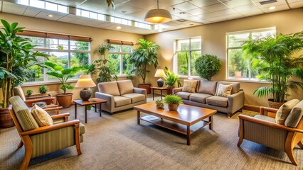 Serene rehabilitation center with a calm atmosphere, comfortable seating, and plants, where individuals can receive support and guidance for a successful recovery journey.