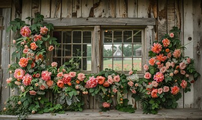 Elegant wedding ceremony with a flower backdrop and rustic barn decor 