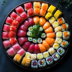Plates of brightly colored sushi rolls are arranged in mesmerizing patterns.