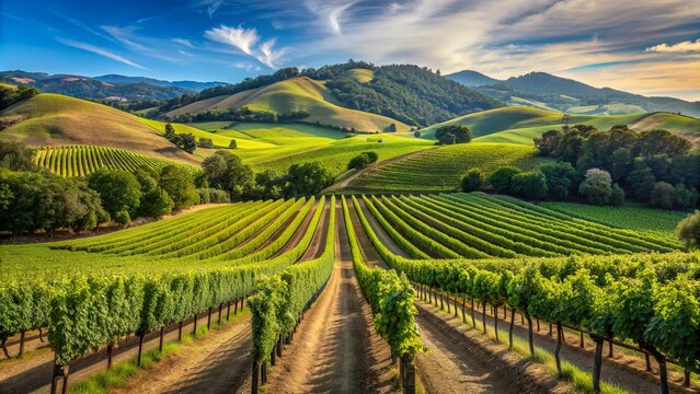 Serene vineyard landscape in St. Helena, California, featuring lush green rows of grapevines, rolling hills, and a clear blue sky with few wispy clouds.