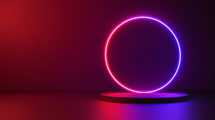 Fototapeta premium 3d podium with magic circle neon circle with neon hologram effect. Futuristic technology design. For advertising. Empty product stage. Podium or stand. Background for product presentation.