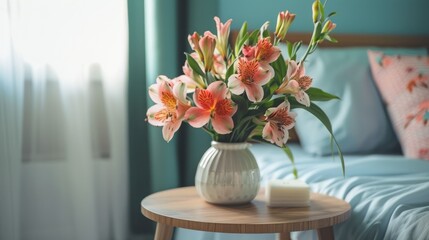 Bedside table decor with alstroemeria flowers in bedroom