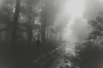 Naklejka premium Mysterious Figure Walking Along Foggy Trail in Dense Forest During Early Morning Hours
