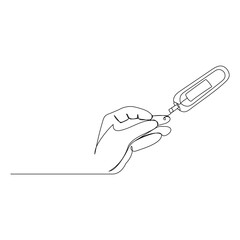 World diabetes day in November. line art of persons using glucometer and keeping blood sugar levels in check. Needle used to take a drop of blood for diabetes testing. 