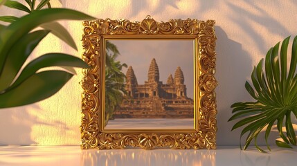 Golden Frame with Angkor Wat Decoration on White Background, Ideal for Travel or Cultural Heritage Projects Generative AI