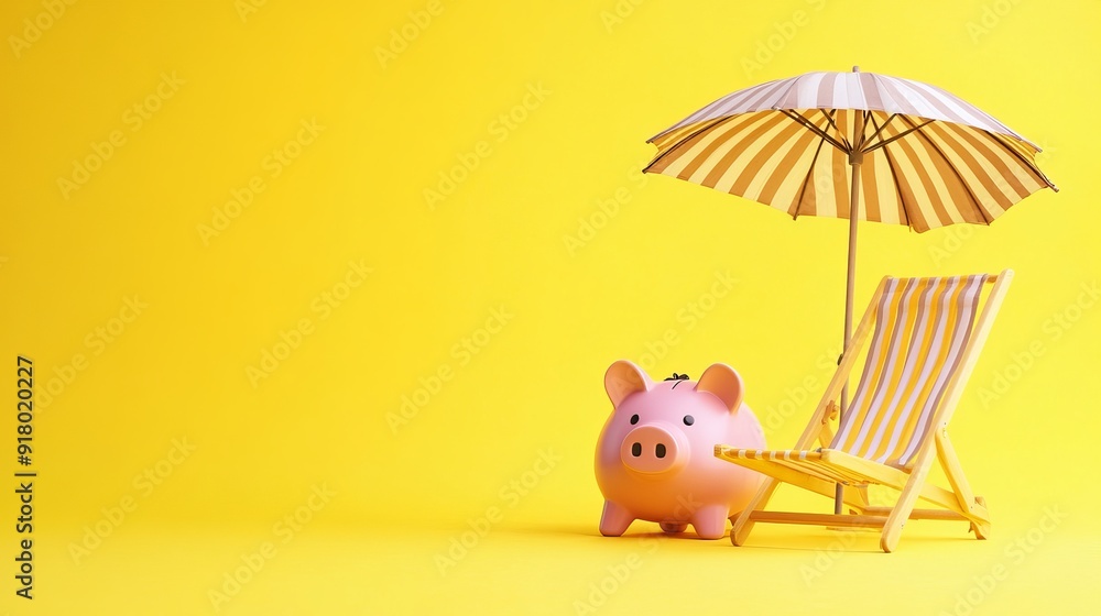 Wall mural a piggy bank, deck chair, and parasol against a yellow background with space for text. represents th