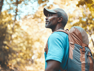 Obraz premium Senior man hiking in a sunlit forest, looking contemplative and inspired, surrounded by autumn foliage. Captures the essence of outdoor adventure and peaceful reflection. AI
